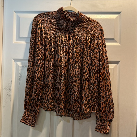 Scotch & Soda Leopard Smocked Blouse Silver Lurex Sparkle XL Top - Picture 3 of 10